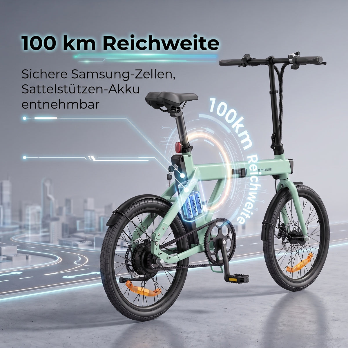 100公里超长续航与三星电芯 (Samsung Battery & 100km Range)