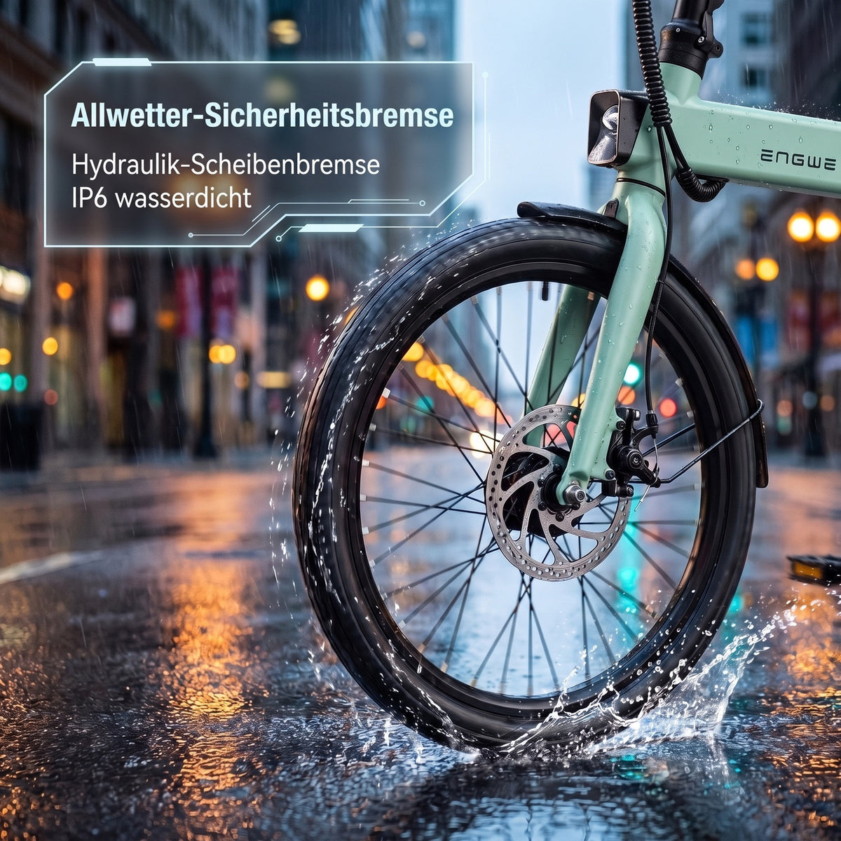 全天候安全保障 (Wet Weather Safety: Hydraulic Disc Brakes & IP6 Waterproof)